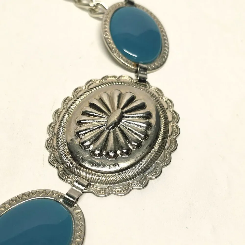 Omega Vintage Western Oval Teal Cabochon Concho Silver Chain Belt M/L Cowgirl